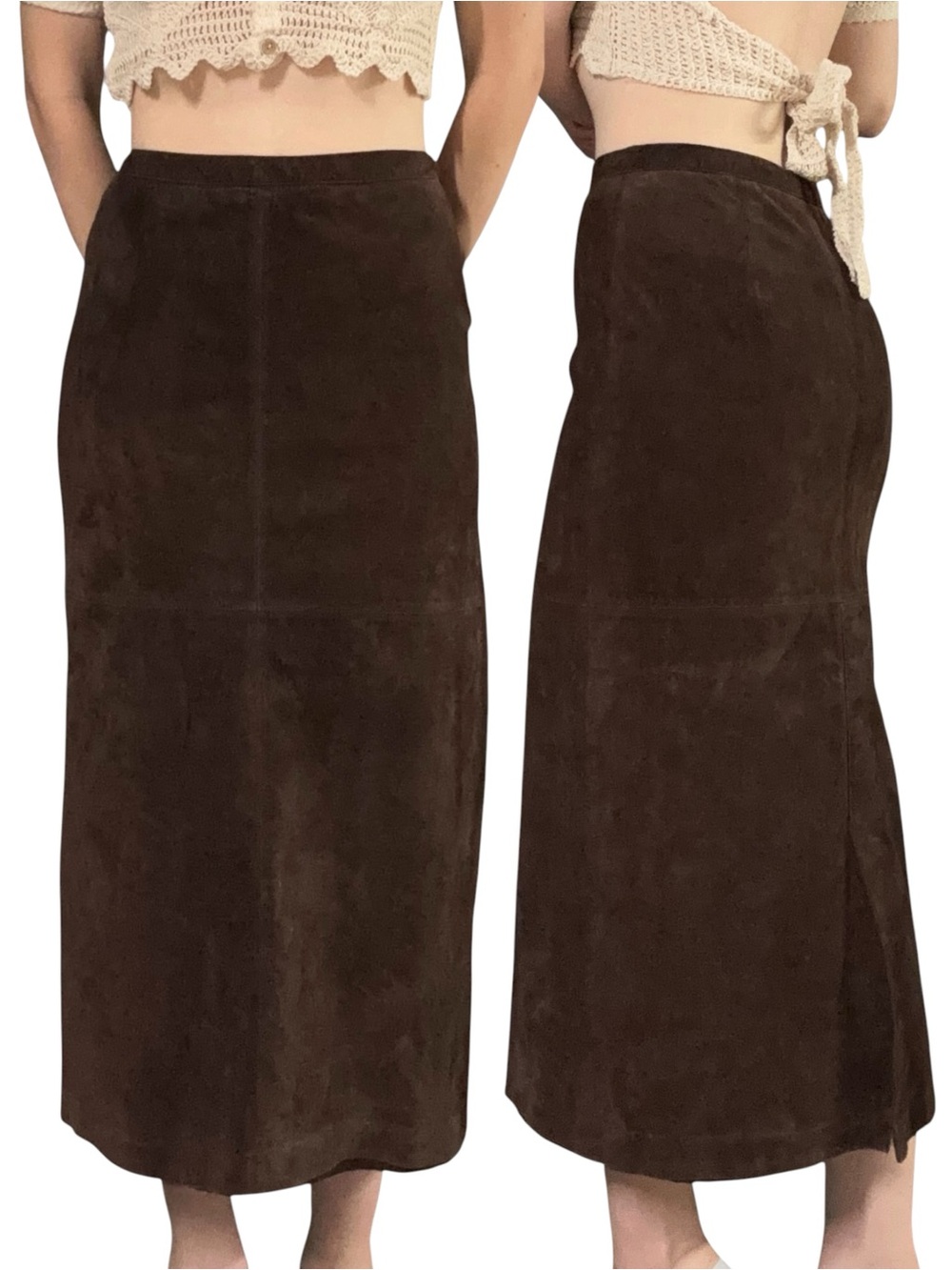 Real Clothes | Brown Genuine Leather Suede High Waisted Midi Skirt